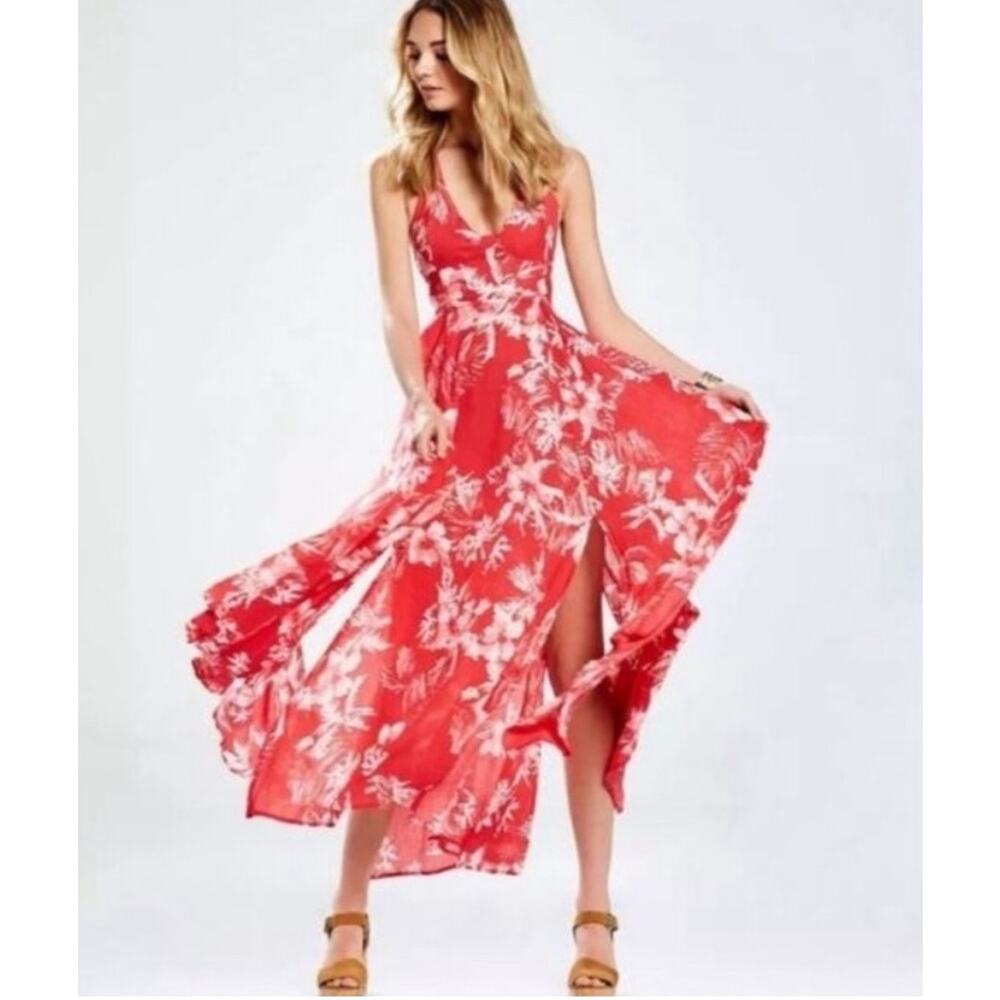 Free People Red Floral Lille Halter Cutout Tie Back Flowy Boho Maxi Dress Small